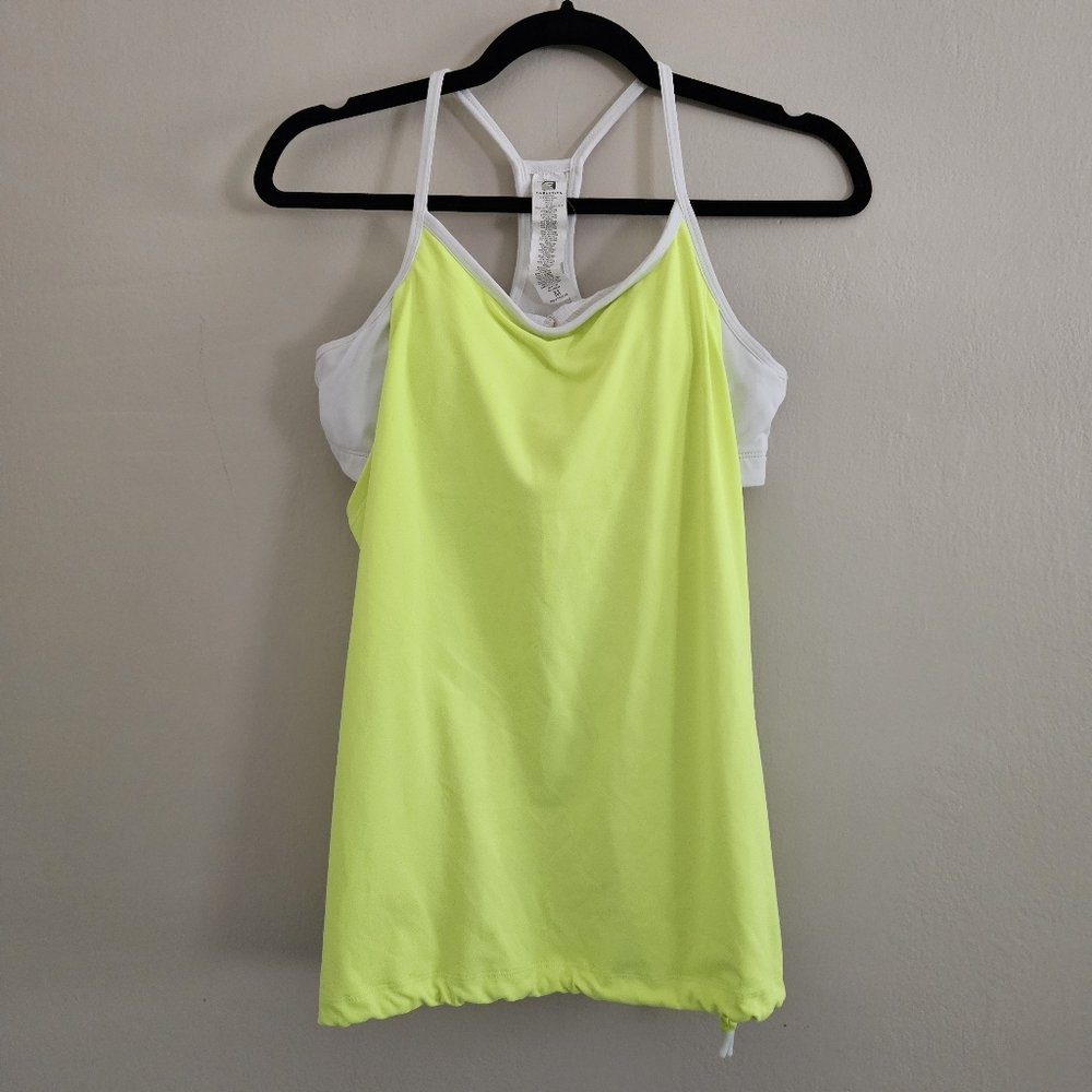 Fabletics Womens Neon Green Yellow Tank Top Built-in White Bra Drawstring Medium